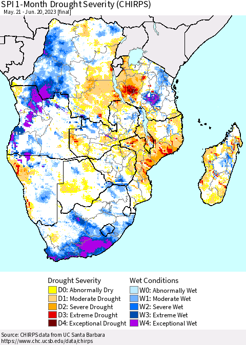 Southern Africa SPI 1-Month Drought Severity (CHIRPS) Thematic Map For 5/21/2023 - 6/20/2023