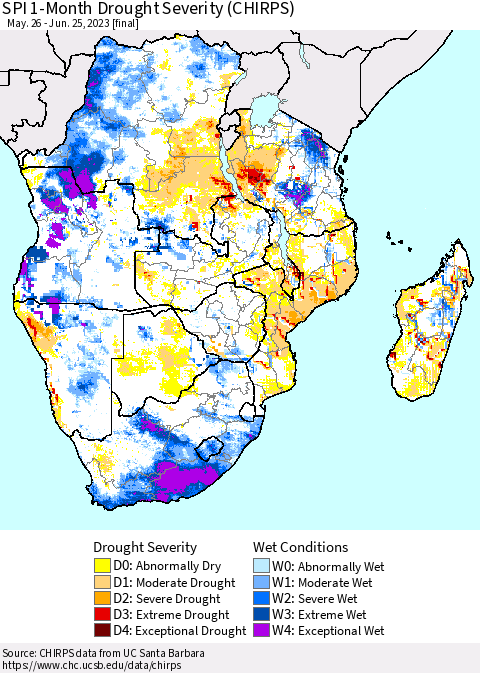 Southern Africa SPI 1-Month Drought Severity (CHIRPS) Thematic Map For 5/26/2023 - 6/25/2023
