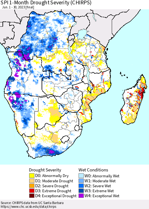 Southern Africa SPI 1-Month Drought Severity (CHIRPS) Thematic Map For 6/1/2023 - 6/30/2023