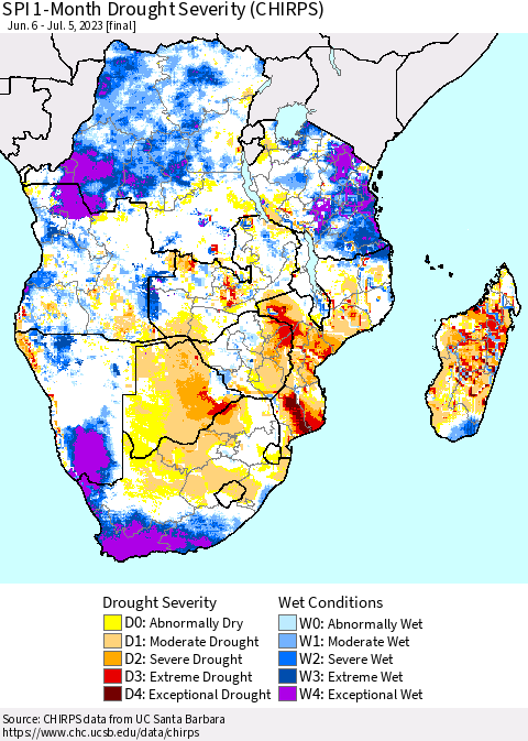 Southern Africa SPI 1-Month Drought Severity (CHIRPS) Thematic Map For 6/6/2023 - 7/5/2023