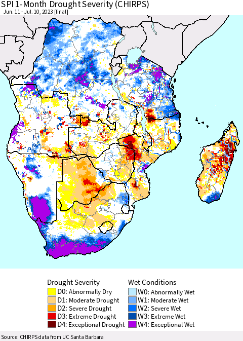Southern Africa SPI 1-Month Drought Severity (CHIRPS) Thematic Map For 6/11/2023 - 7/10/2023