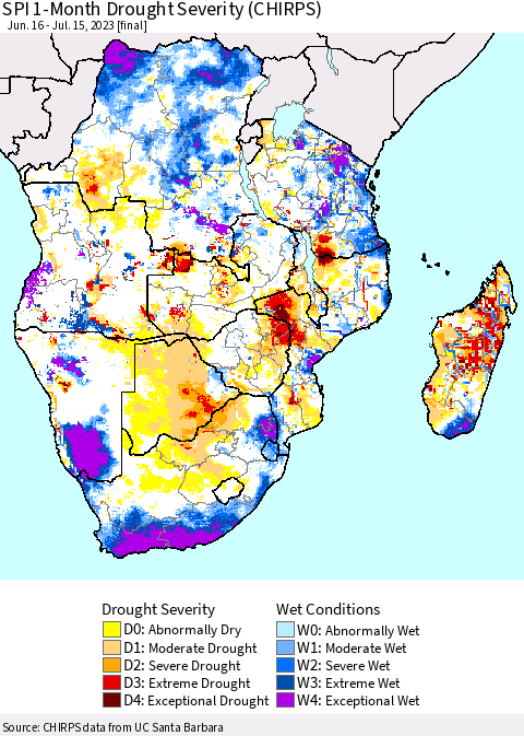 Southern Africa SPI 1-Month Drought Severity (CHIRPS) Thematic Map For 6/16/2023 - 7/15/2023