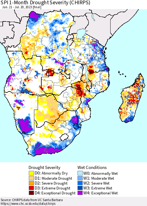 Southern Africa SPI 1-Month Drought Severity (CHIRPS) Thematic Map For 6/21/2023 - 7/20/2023