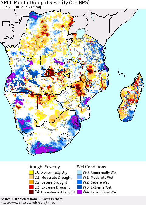 Southern Africa SPI 1-Month Drought Severity (CHIRPS) Thematic Map For 6/26/2023 - 7/25/2023