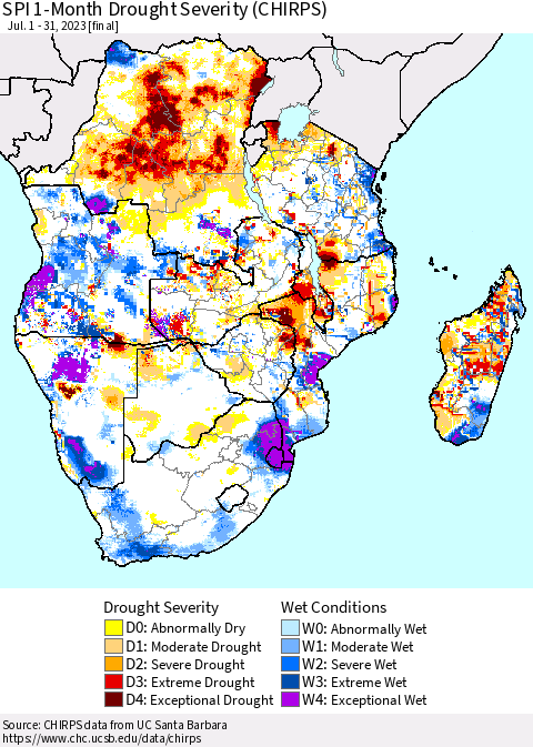 Southern Africa SPI 1-Month Drought Severity (CHIRPS) Thematic Map For 7/1/2023 - 7/31/2023