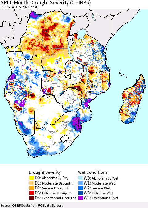 Southern Africa SPI 1-Month Drought Severity (CHIRPS) Thematic Map For 7/6/2023 - 8/5/2023