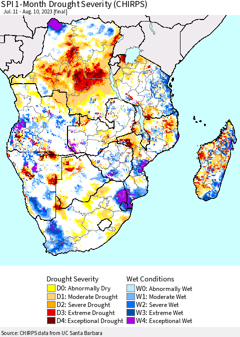 Southern Africa SPI 1-Month Drought Severity (CHIRPS) Thematic Map For 7/11/2023 - 8/10/2023
