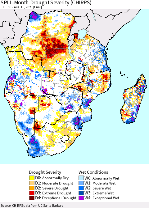 Southern Africa SPI 1-Month Drought Severity (CHIRPS) Thematic Map For 7/16/2023 - 8/15/2023