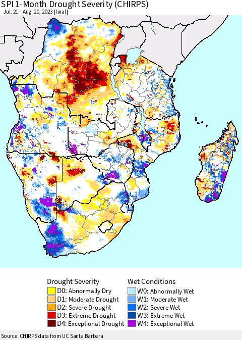 Southern Africa SPI 1-Month Drought Severity (CHIRPS) Thematic Map For 7/21/2023 - 8/20/2023