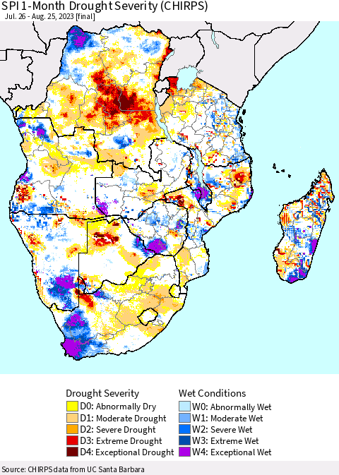 Southern Africa SPI 1-Month Drought Severity (CHIRPS) Thematic Map For 7/26/2023 - 8/25/2023