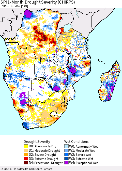 Southern Africa SPI 1-Month Drought Severity (CHIRPS) Thematic Map For 8/1/2023 - 8/31/2023