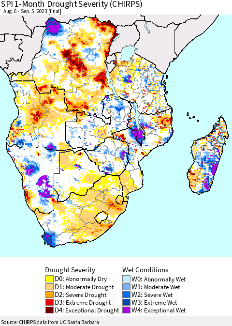 Southern Africa SPI 1-Month Drought Severity (CHIRPS) Thematic Map For 8/6/2023 - 9/5/2023