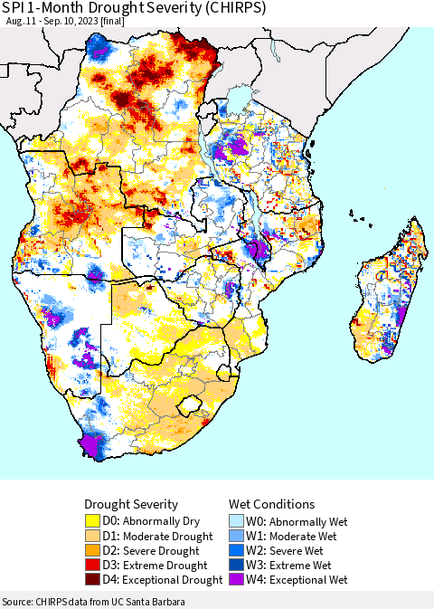 Southern Africa SPI 1-Month Drought Severity (CHIRPS) Thematic Map For 8/11/2023 - 9/10/2023