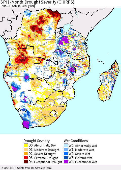Southern Africa SPI 1-Month Drought Severity (CHIRPS) Thematic Map For 8/16/2023 - 9/15/2023