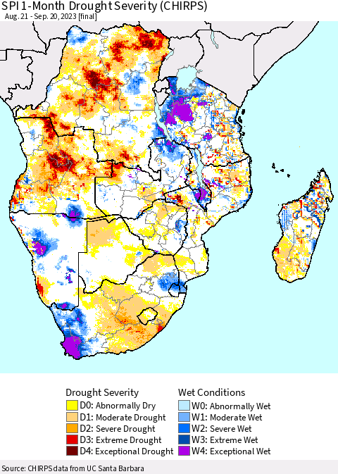 Southern Africa SPI 1-Month Drought Severity (CHIRPS) Thematic Map For 8/21/2023 - 9/20/2023