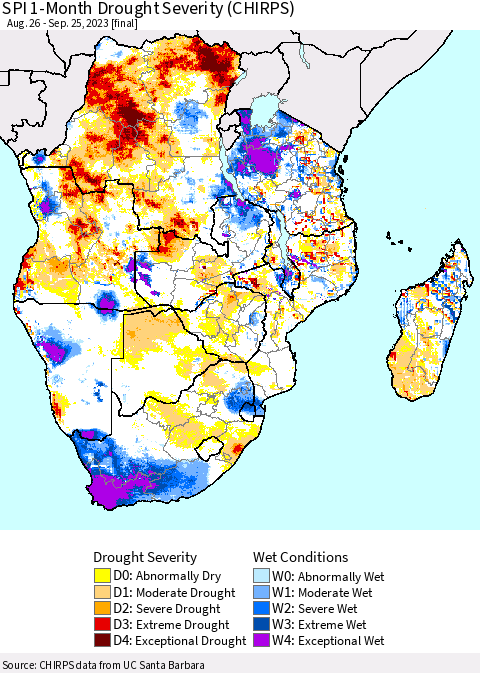 Southern Africa SPI 1-Month Drought Severity (CHIRPS) Thematic Map For 8/26/2023 - 9/25/2023