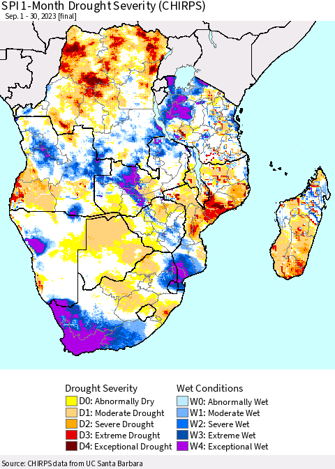 Southern Africa SPI 1-Month Drought Severity (CHIRPS) Thematic Map For 9/1/2023 - 9/30/2023