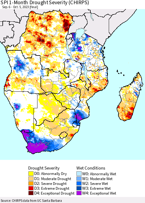 Southern Africa SPI 1-Month Drought Severity (CHIRPS) Thematic Map For 9/6/2023 - 10/5/2023