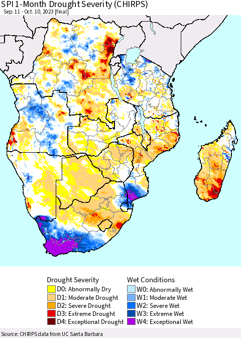 Southern Africa SPI 1-Month Drought Severity (CHIRPS) Thematic Map For 9/11/2023 - 10/10/2023