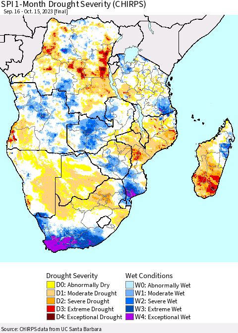 Southern Africa SPI 1-Month Drought Severity (CHIRPS) Thematic Map For 9/16/2023 - 10/15/2023