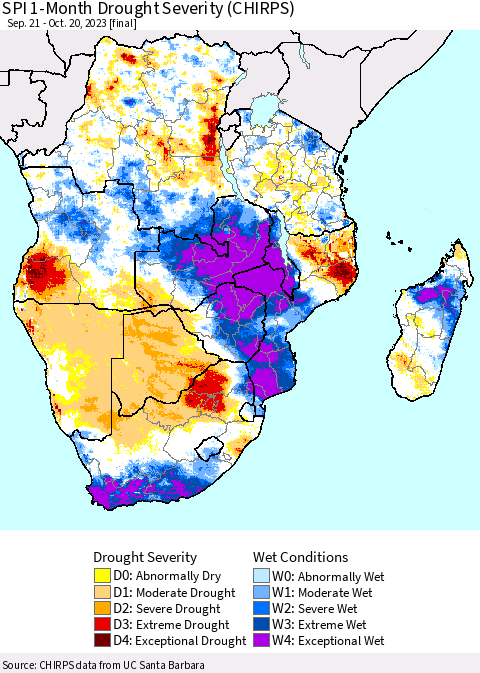 Southern Africa SPI 1-Month Drought Severity (CHIRPS) Thematic Map For 9/21/2023 - 10/20/2023