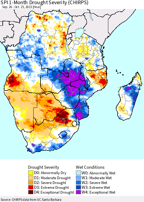 Southern Africa SPI 1-Month Drought Severity (CHIRPS) Thematic Map For 9/26/2023 - 10/25/2023