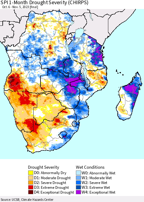 Southern Africa SPI 1-Month Drought Severity (CHIRPS) Thematic Map For 10/6/2023 - 11/5/2023
