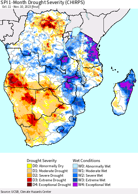 Southern Africa SPI 1-Month Drought Severity (CHIRPS) Thematic Map For 10/11/2023 - 11/10/2023