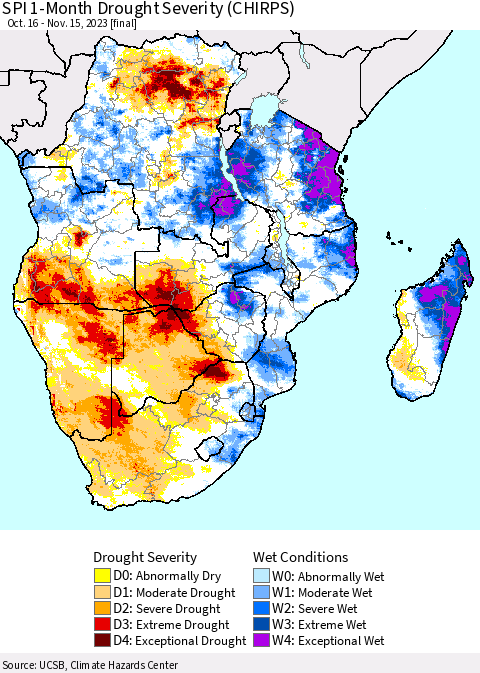 Southern Africa SPI 1-Month Drought Severity (CHIRPS) Thematic Map For 10/16/2023 - 11/15/2023