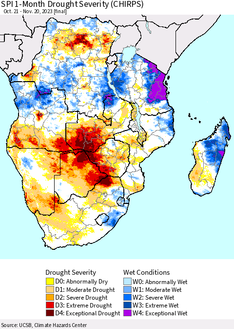 Southern Africa SPI 1-Month Drought Severity (CHIRPS) Thematic Map For 10/21/2023 - 11/20/2023