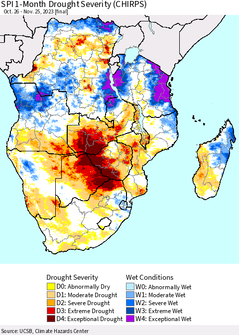 Southern Africa SPI 1-Month Drought Severity (CHIRPS) Thematic Map For 10/26/2023 - 11/25/2023