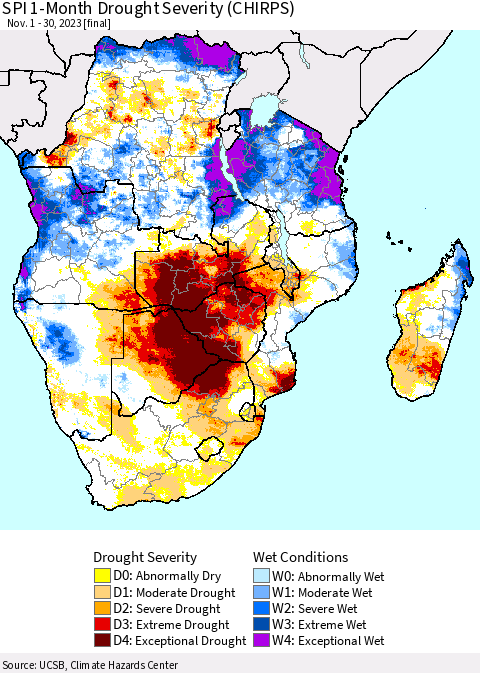 Southern Africa SPI 1-Month Drought Severity (CHIRPS) Thematic Map For 11/1/2023 - 11/30/2023