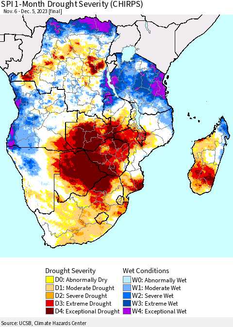 Southern Africa SPI 1-Month Drought Severity (CHIRPS) Thematic Map For 11/6/2023 - 12/5/2023