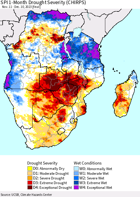 Southern Africa SPI 1-Month Drought Severity (CHIRPS) Thematic Map For 11/11/2023 - 12/10/2023