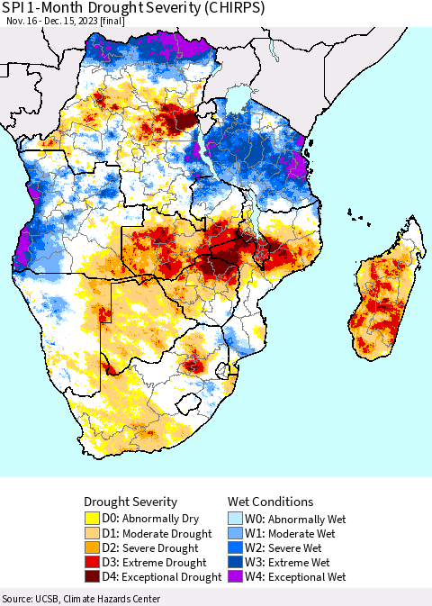 Southern Africa SPI 1-Month Drought Severity (CHIRPS) Thematic Map For 11/16/2023 - 12/15/2023