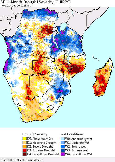 Southern Africa SPI 1-Month Drought Severity (CHIRPS) Thematic Map For 11/21/2023 - 12/20/2023