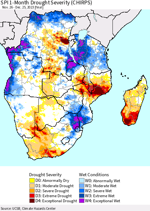 Southern Africa SPI 1-Month Drought Severity (CHIRPS) Thematic Map For 11/26/2023 - 12/25/2023