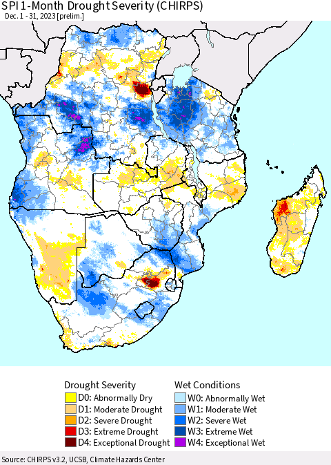 Southern Africa SPI 1-Month Drought Severity (CHIRPS) Thematic Map For 12/1/2023 - 12/31/2023