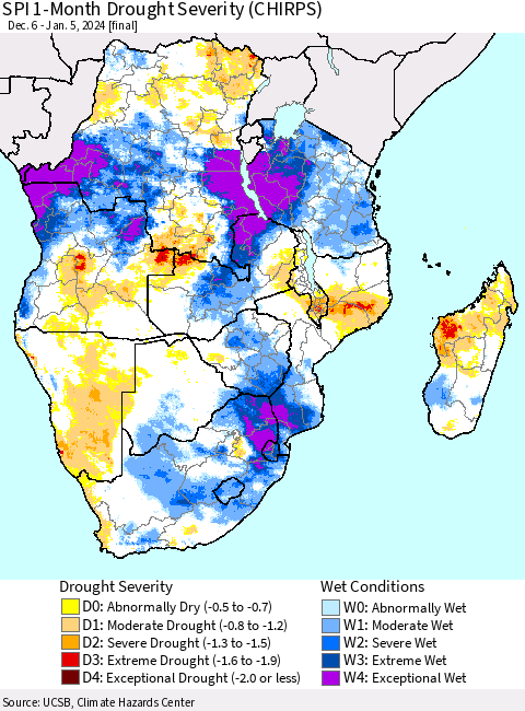 Southern Africa SPI 1-Month Drought Severity (CHIRPS) Thematic Map For 12/6/2023 - 1/5/2024