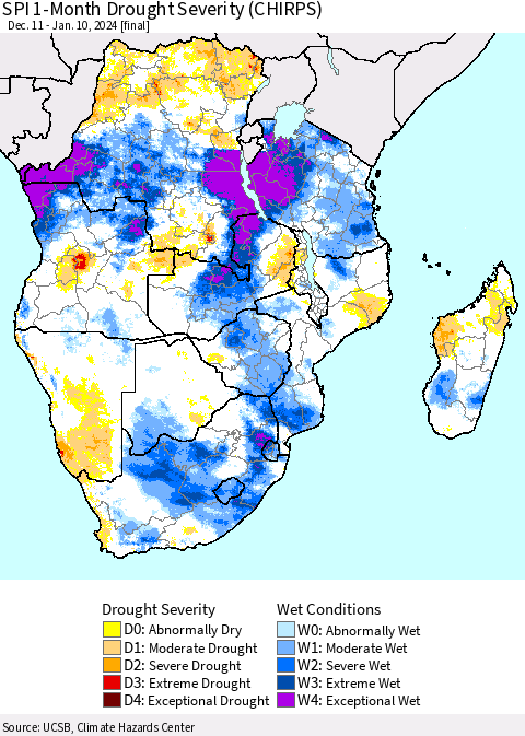 Southern Africa SPI 1-Month Drought Severity (CHIRPS) Thematic Map For 12/11/2023 - 1/10/2024