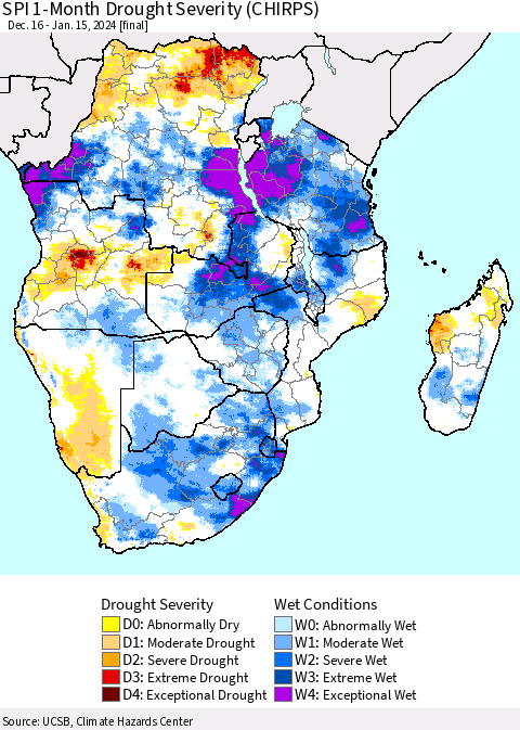 Southern Africa SPI 1-Month Drought Severity (CHIRPS) Thematic Map For 12/16/2023 - 1/15/2024