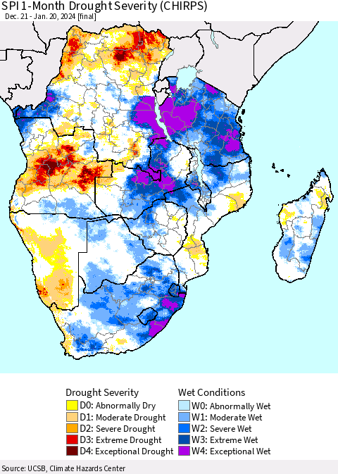 Southern Africa SPI 1-Month Drought Severity (CHIRPS) Thematic Map For 12/21/2023 - 1/20/2024