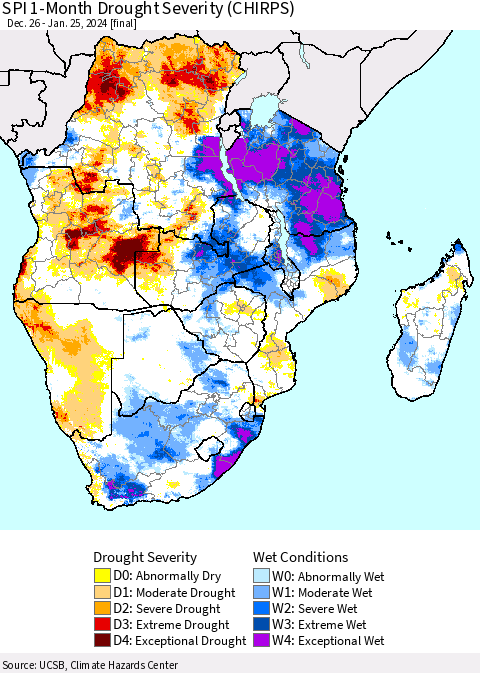 Southern Africa SPI 1-Month Drought Severity (CHIRPS) Thematic Map For 12/26/2023 - 1/25/2024