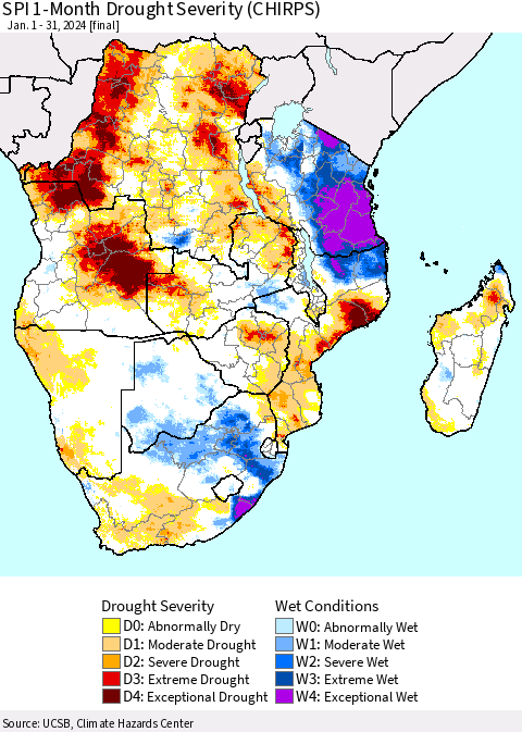 Southern Africa SPI 1-Month Drought Severity (CHIRPS) Thematic Map For 1/1/2024 - 1/31/2024