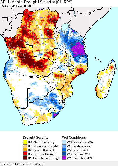 Southern Africa SPI 1-Month Drought Severity (CHIRPS) Thematic Map For 1/6/2024 - 2/5/2024