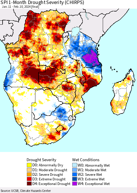 Southern Africa SPI 1-Month Drought Severity (CHIRPS) Thematic Map For 1/11/2024 - 2/10/2024