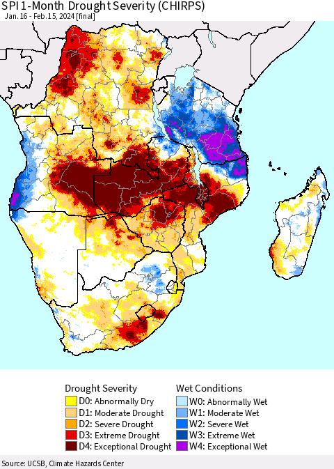 Southern Africa SPI 1-Month Drought Severity (CHIRPS) Thematic Map For 1/16/2024 - 2/15/2024