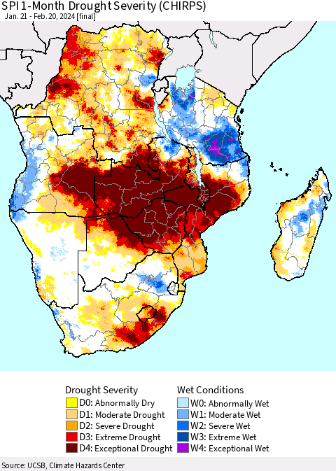 Southern Africa SPI 1-Month Drought Severity (CHIRPS) Thematic Map For 1/21/2024 - 2/20/2024