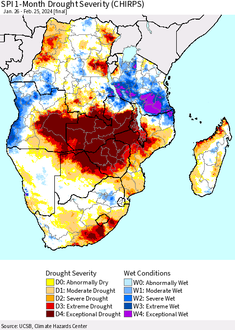 Southern Africa SPI 1-Month Drought Severity (CHIRPS) Thematic Map For 1/26/2024 - 2/25/2024