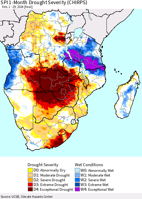 Southern Africa SPI 1-Month Drought Severity (CHIRPS) Thematic Map For 2/1/2024 - 2/29/2024
